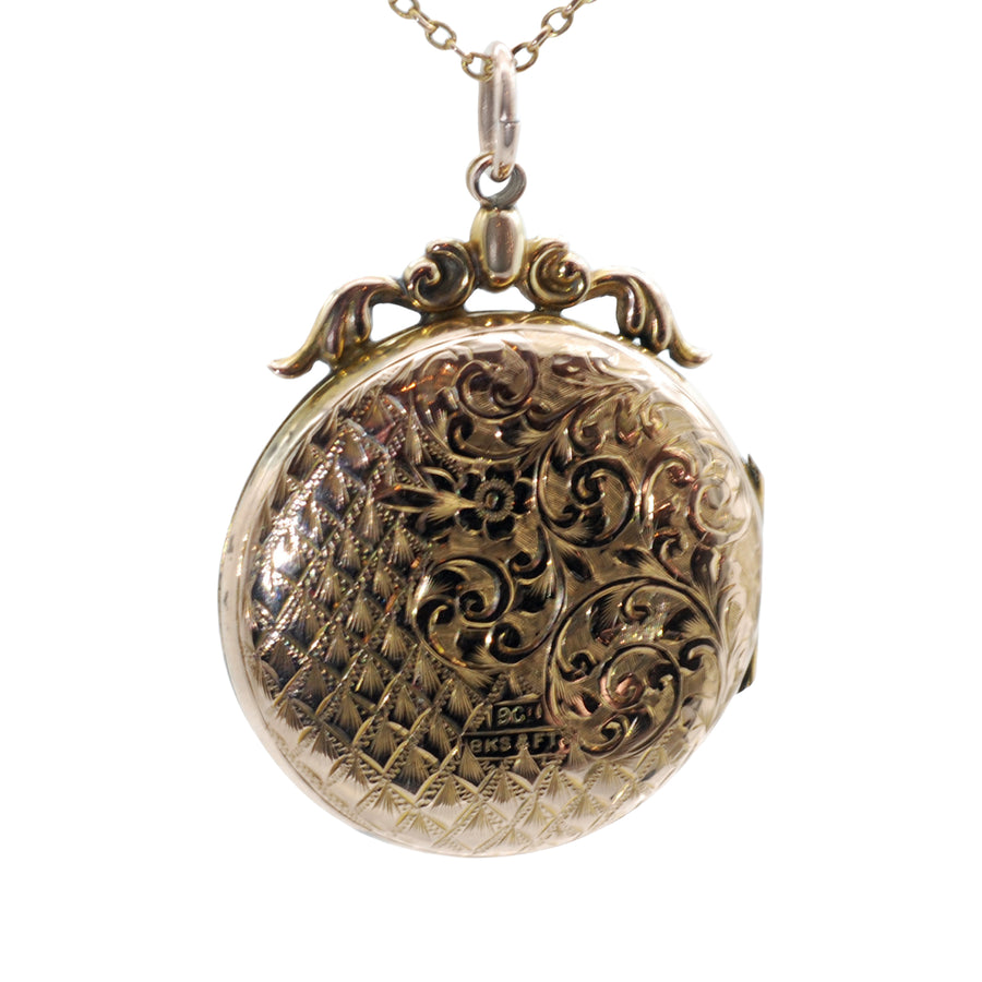 Antique Fancy Engraved 9ct Front and Back Round Locket with Ornate Bale top.