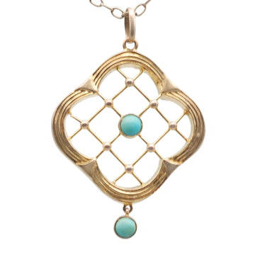 Antique Edwardian 9ct Gold Seed Pearl and Turquoise Lattice Pendant