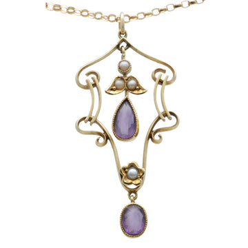 Antique Edwardian 15 ct Yellow Gold Seed Pearl and Amethyst Drop Pendant