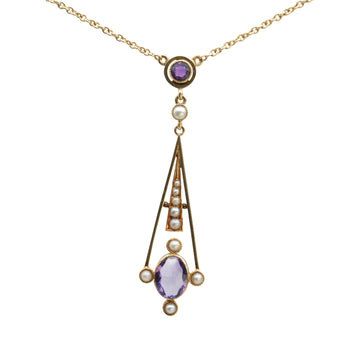 Antique Edwardian 15ct Gold,Amethyst and Pearl Drop Pendant
