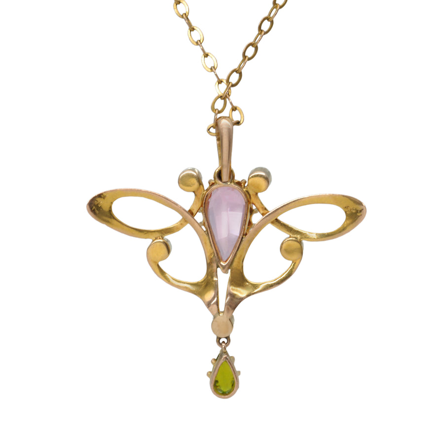 Antique Art Nouveau 9ct Gold Paste, Pearl and Tourmaline Pendant