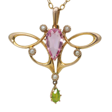 Antique Art Nouveau 9ct Gold Paste, Pearl and Tourmaline Pendant