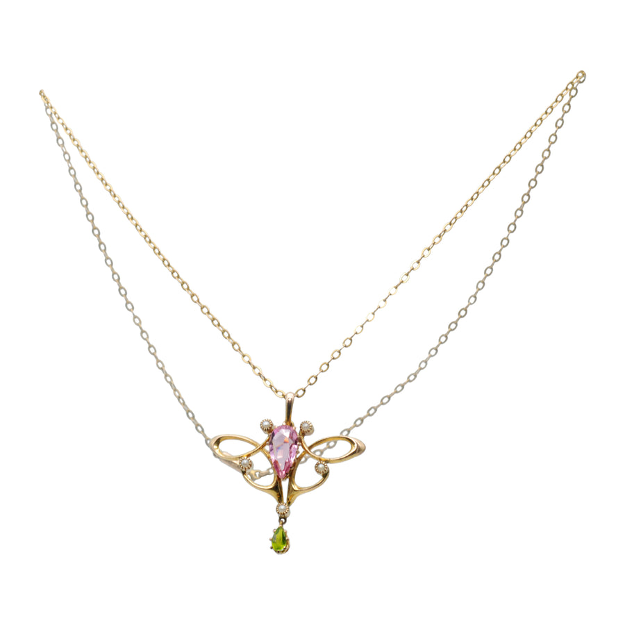 Antique Art Nouveau 9ct Gold Paste, Pearl and Tourmaline Pendant