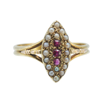 Antique 15ct Seed Pearl and Ruby Marquise Shaped Ring.