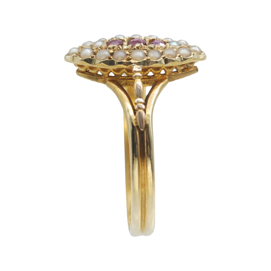 Antique 15ct Seed Pearl and Ruby Marquise Shaped Ring.
