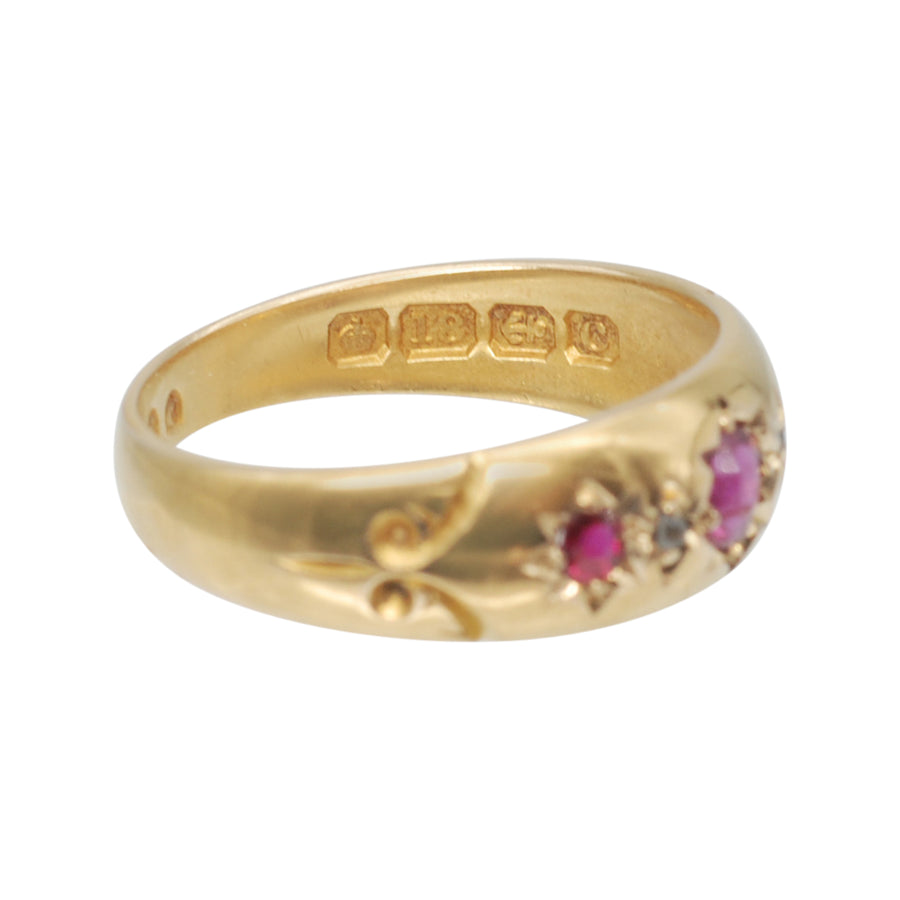 Antique 18ct Yellow Gold Ruby and Diamond Gypsy Set Ring.