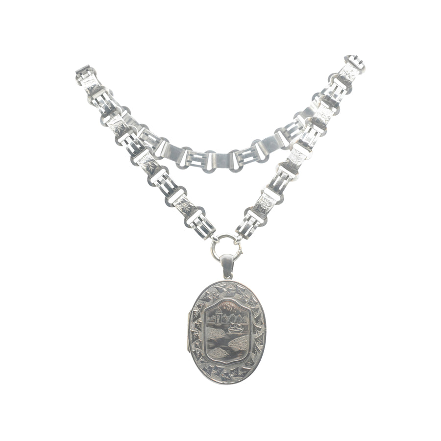 Antique Victorian Aesthetic Movement Oval Locket and Collar.