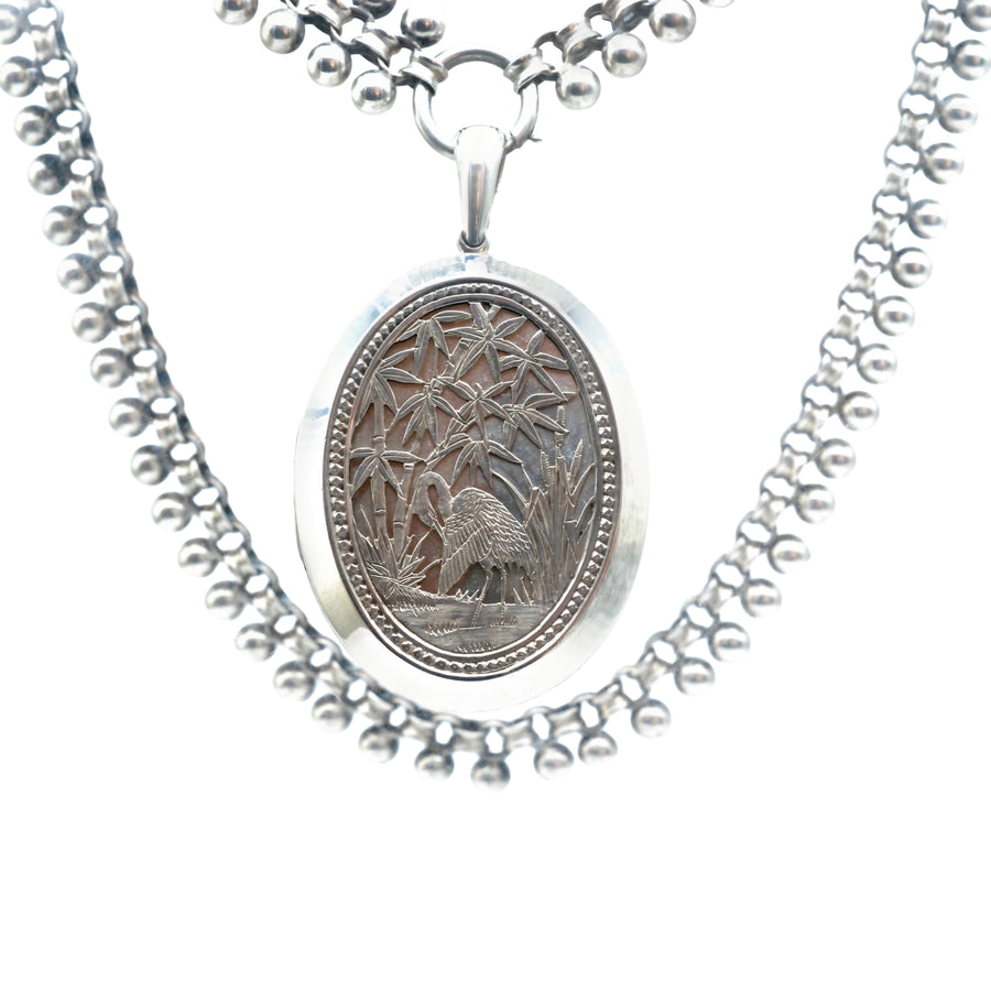 Antique Aesthetic Movement Large Silver Locket and Silver Collar.