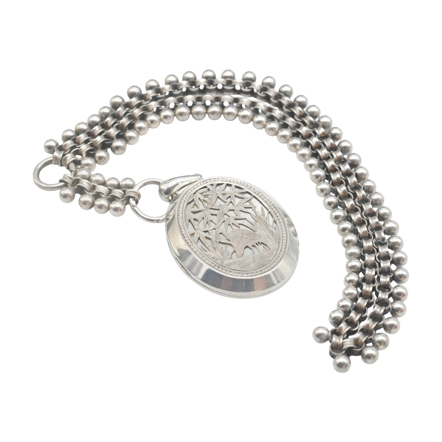 Antique Aesthetic Movement Large Silver Locket and Silver Collar.