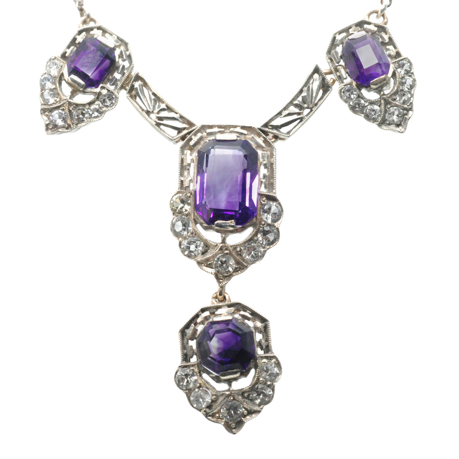 Antique Silver, Gold Amethyst and Synthetic White Sapphire Necklace