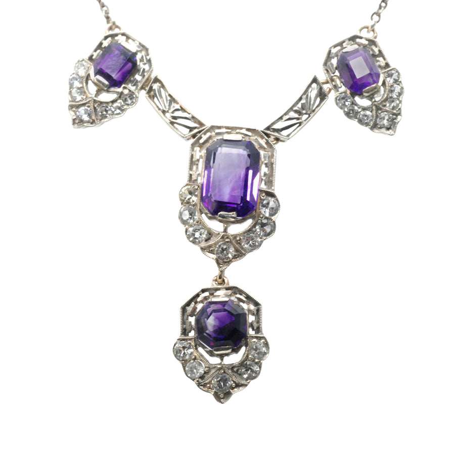 Antique Silver, Gold Amethyst and Synthetic White Sapphire Necklace