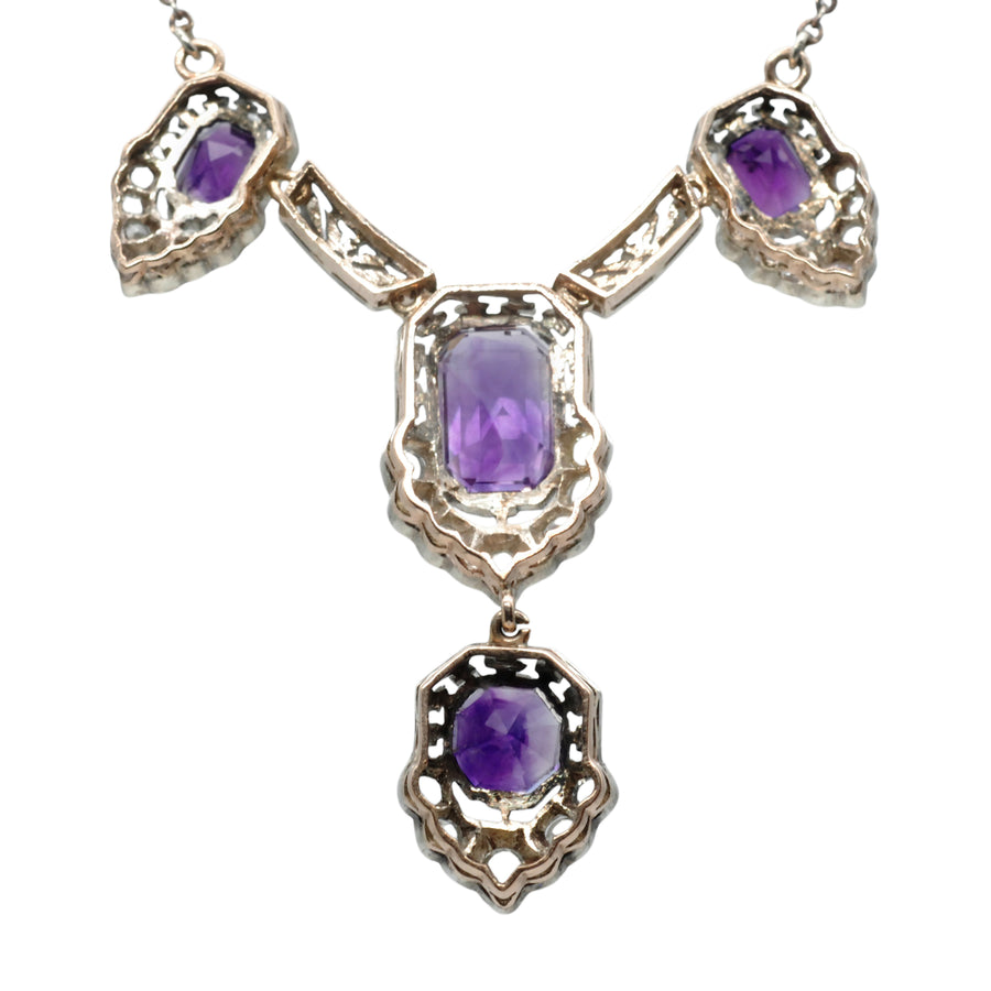 Antique Silver, Gold Amethyst and Synthetic White Sapphire Necklace