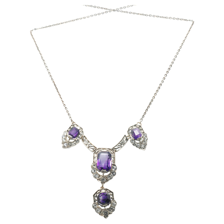 Antique Silver, Gold Amethyst and Synthetic White Sapphire Necklace
