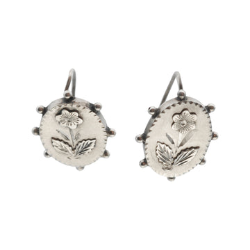 Antique Oval Silver Earrings With Flower