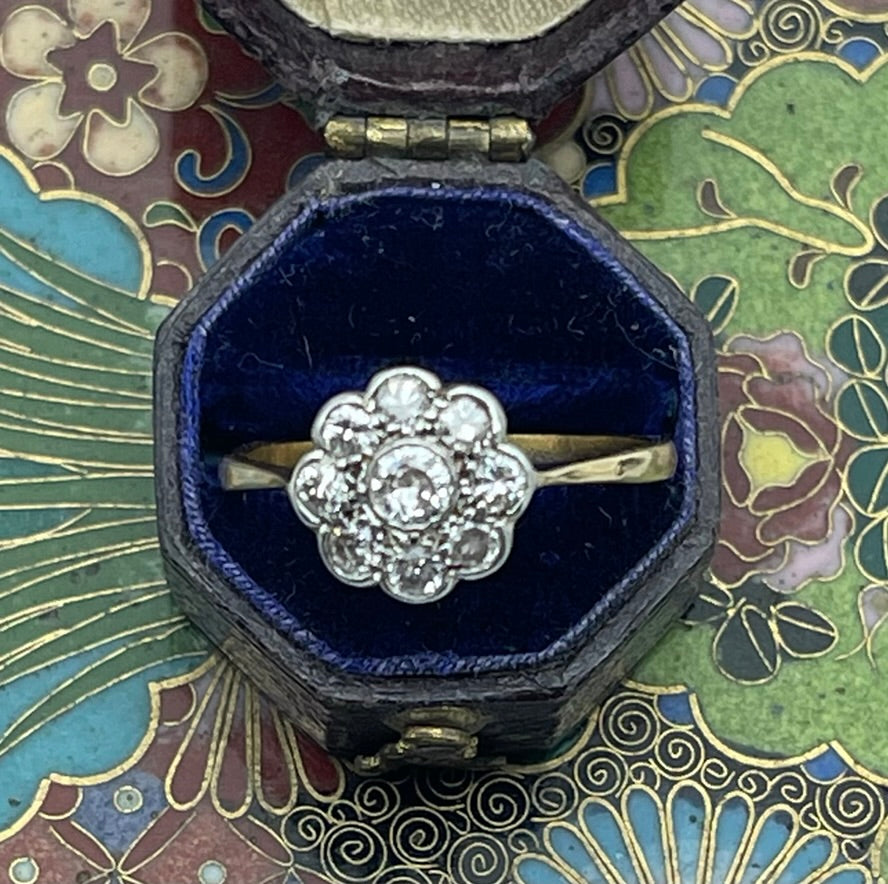 Edwardian 18ct Diamond and Platinum Daisy Cluster Ring