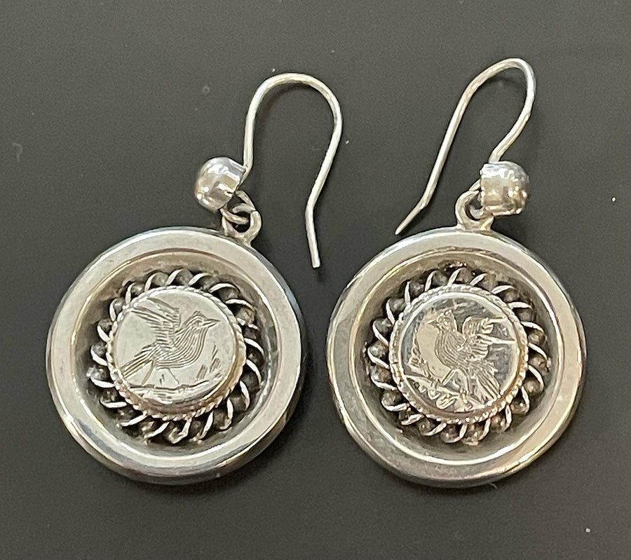 Antique Victorian Round Silver Earrings with Engraved Birds