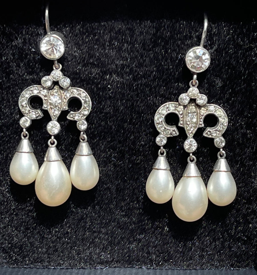 Edwardian Silver and Paste Chandelier Faux Pearl Earrings.