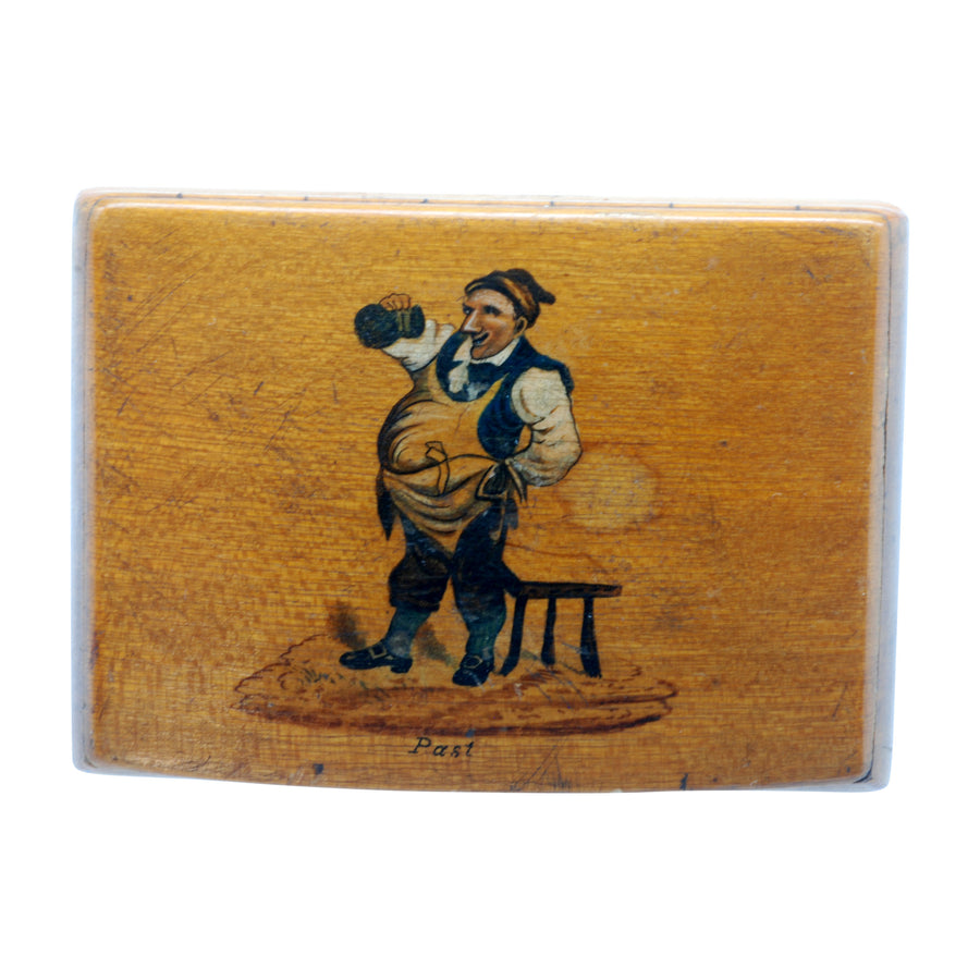 Antique Continental Fruit Wood Snuff Box with Painted Figure - Front