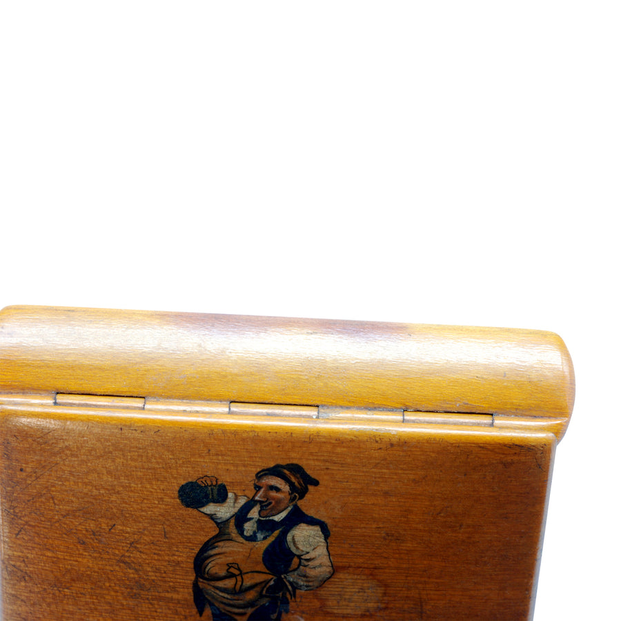 Antique Continental Fruit Wood Snuff Box with Painted Figure - Hinge