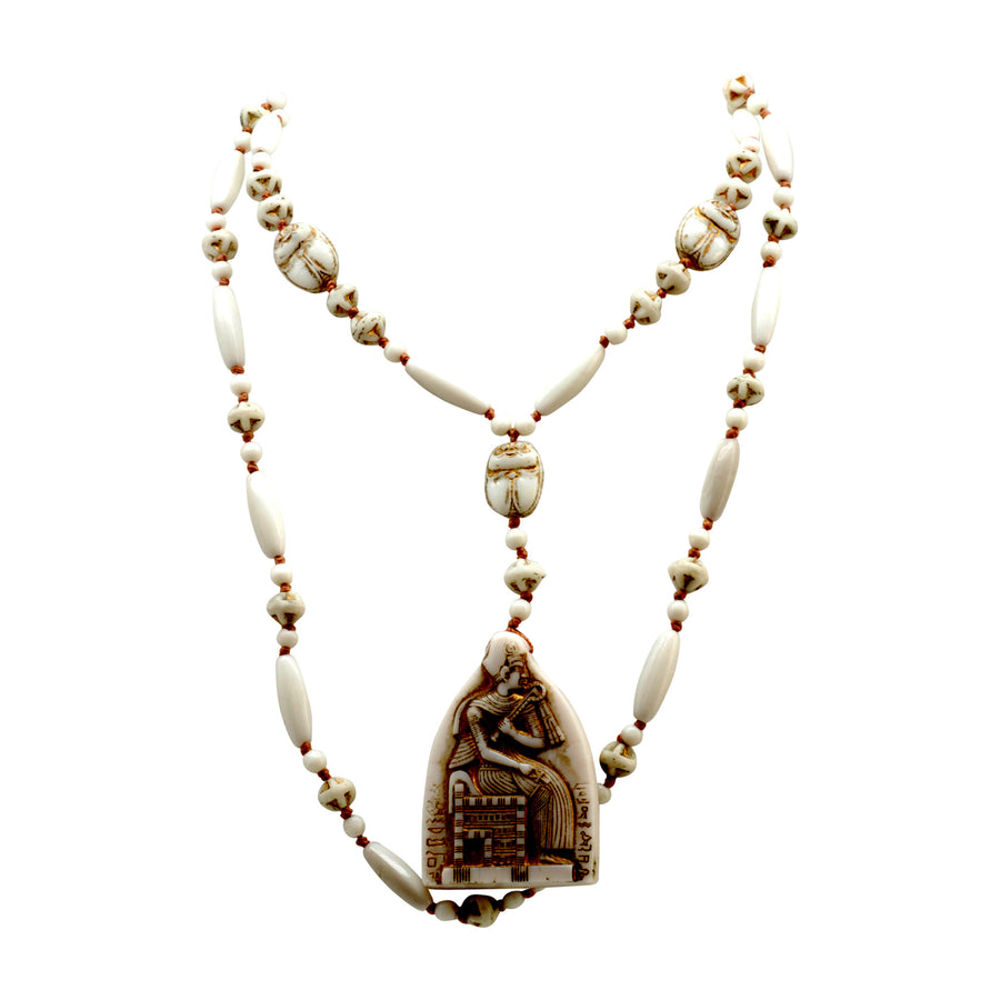 Deco Neiger Bros White Egyptian Revival Flapper Necklace - Front