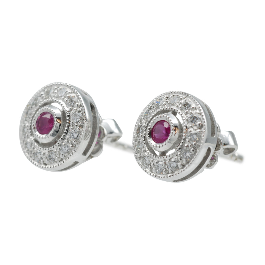 Diamond stud earrings 9ct white gold and ruby halo setting