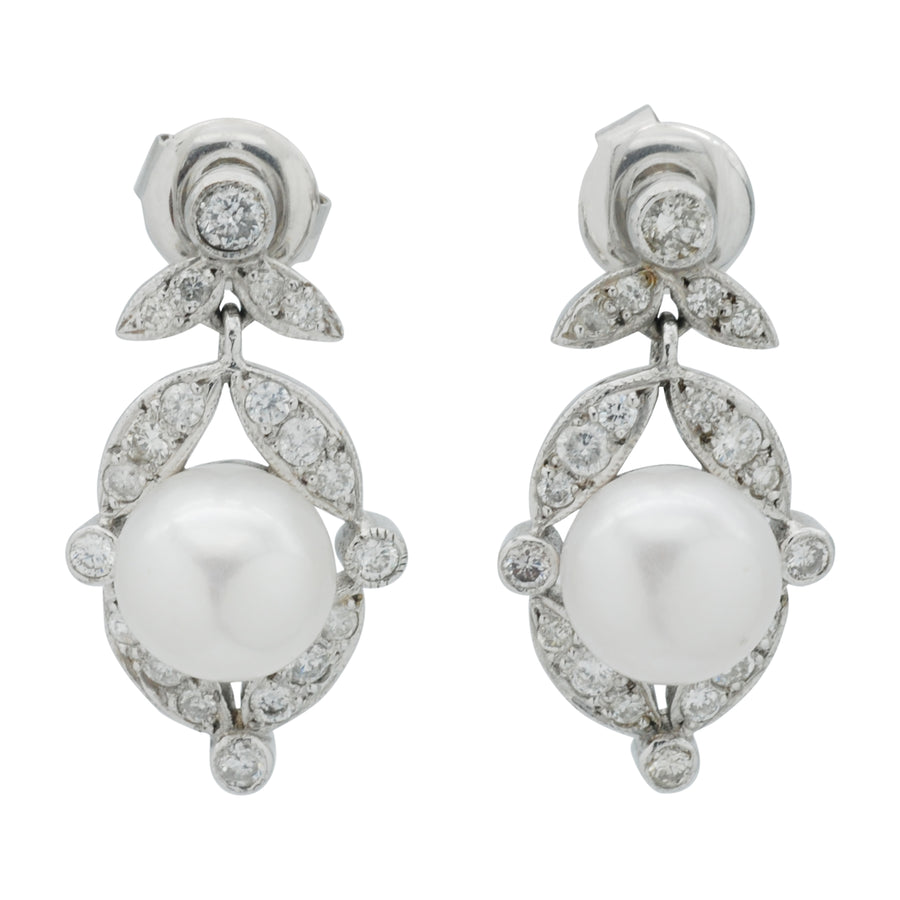 18ct Art Deco Style Diamond and Pearl drop earrings