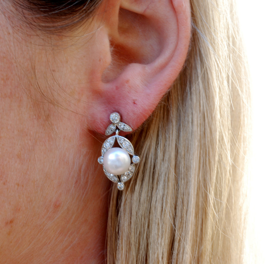 18ct Art Deco Style Diamond and Pearl drop earrings