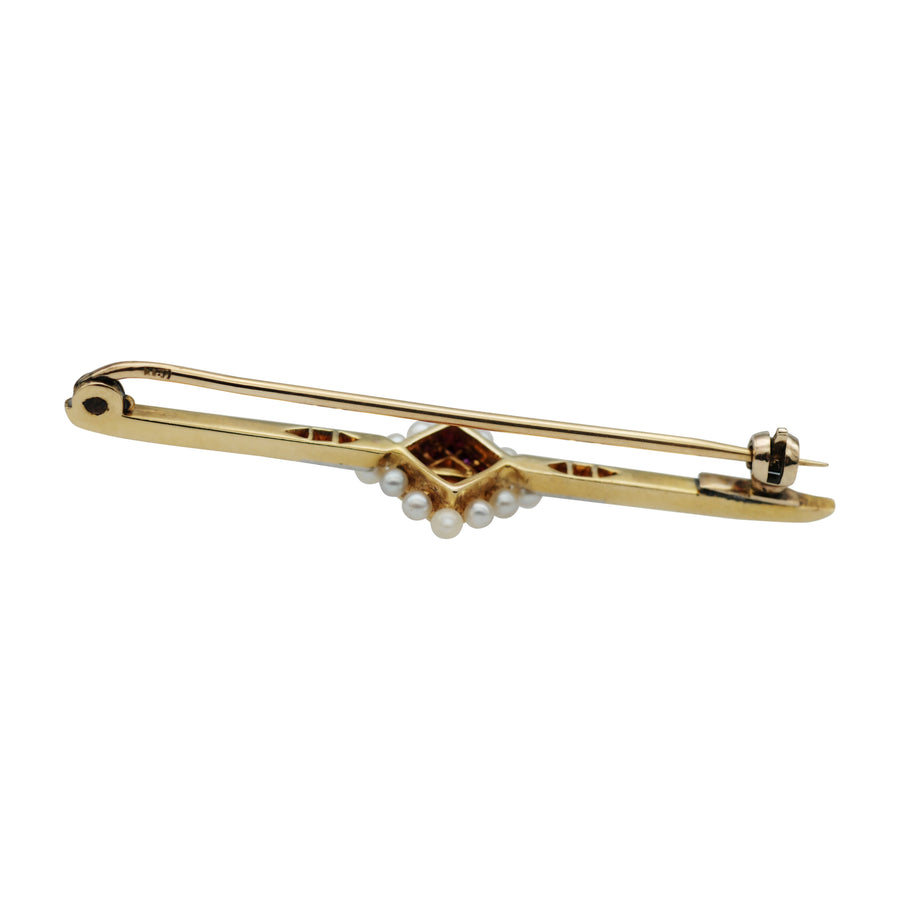 Victorian 14KT Gold, Diamond, Ruby and Pearl bar brooch French