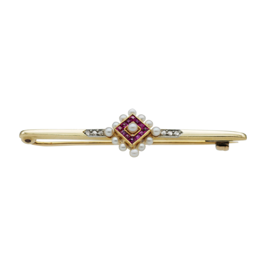 Victorian 14KT Gold, Diamond, Ruby and Pearl bar brooch French