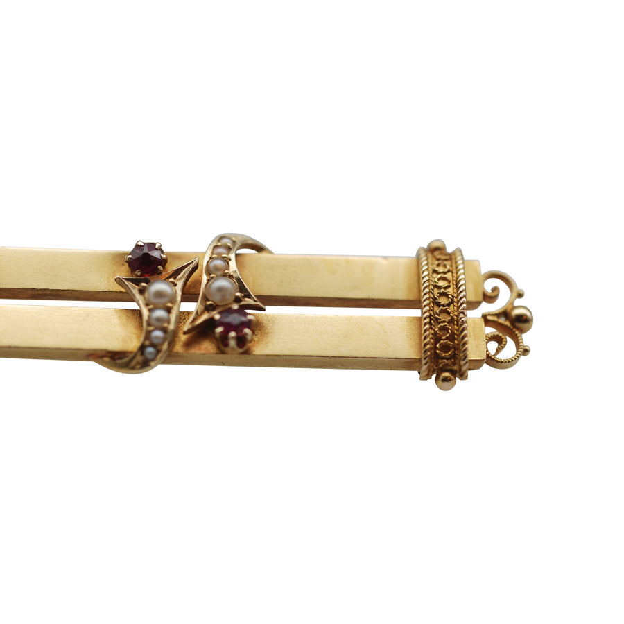 Victorian 15ct Pearl and Ruby double bar brooch