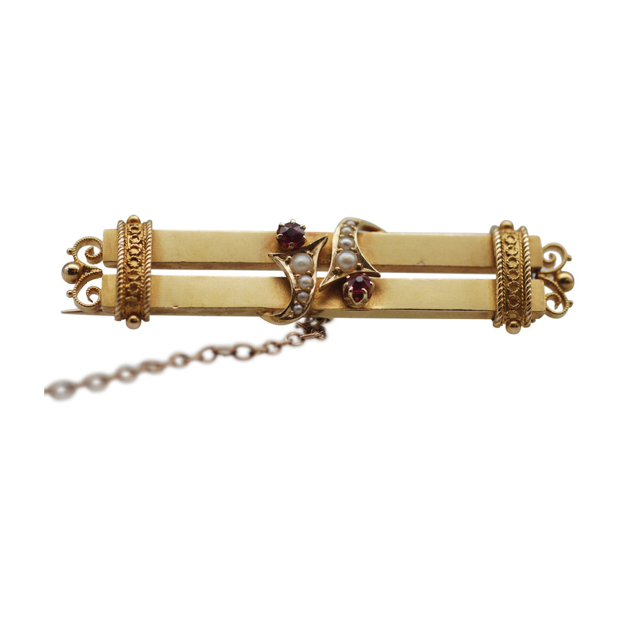Victorian 15ct Pearl and Ruby double bar brooch