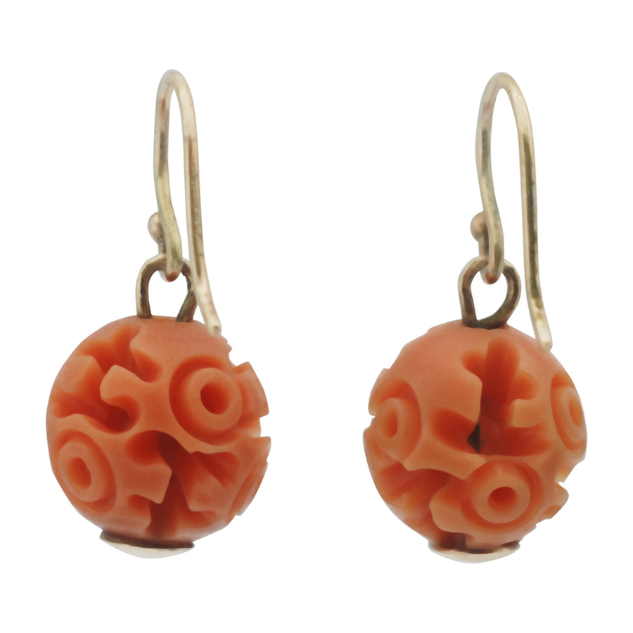 Art Deco Carved Resin Faux Coral Earrings - Back