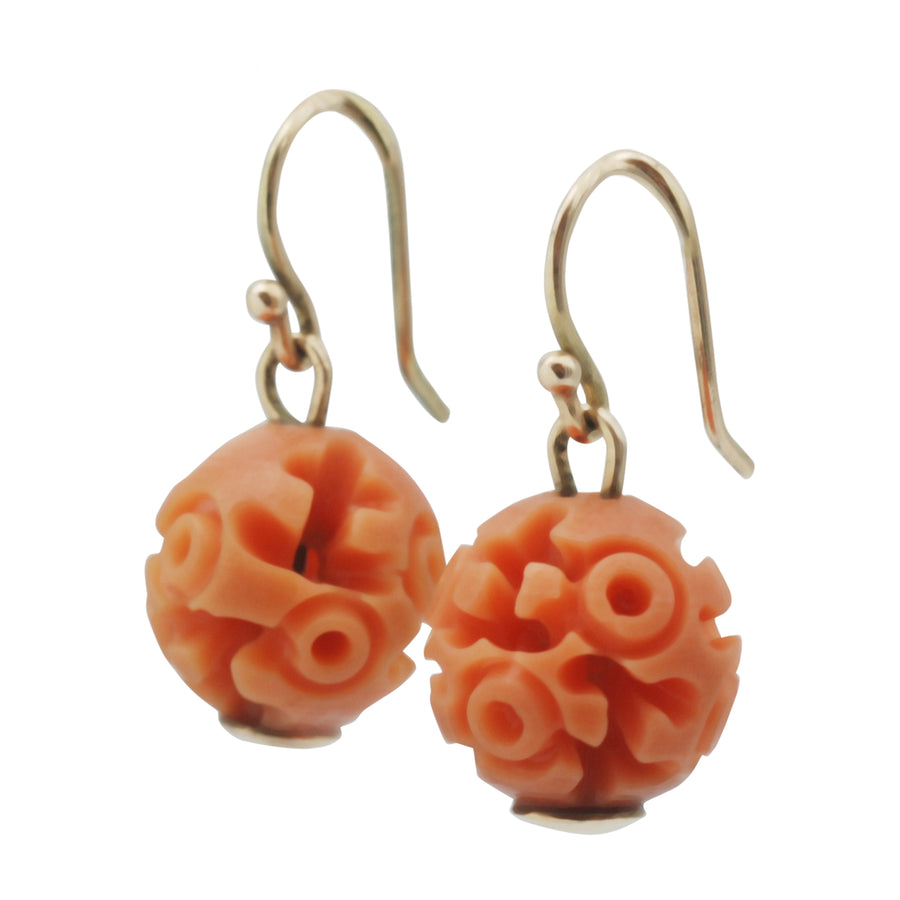 Art Deco Carved Resin Faux Coral Earrings - Side