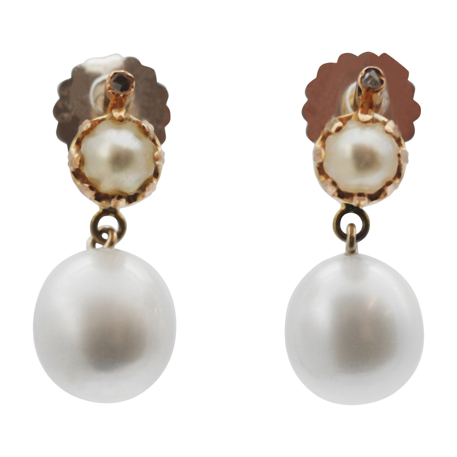 Vintage Cultured Pearl and Diamond Earrings
