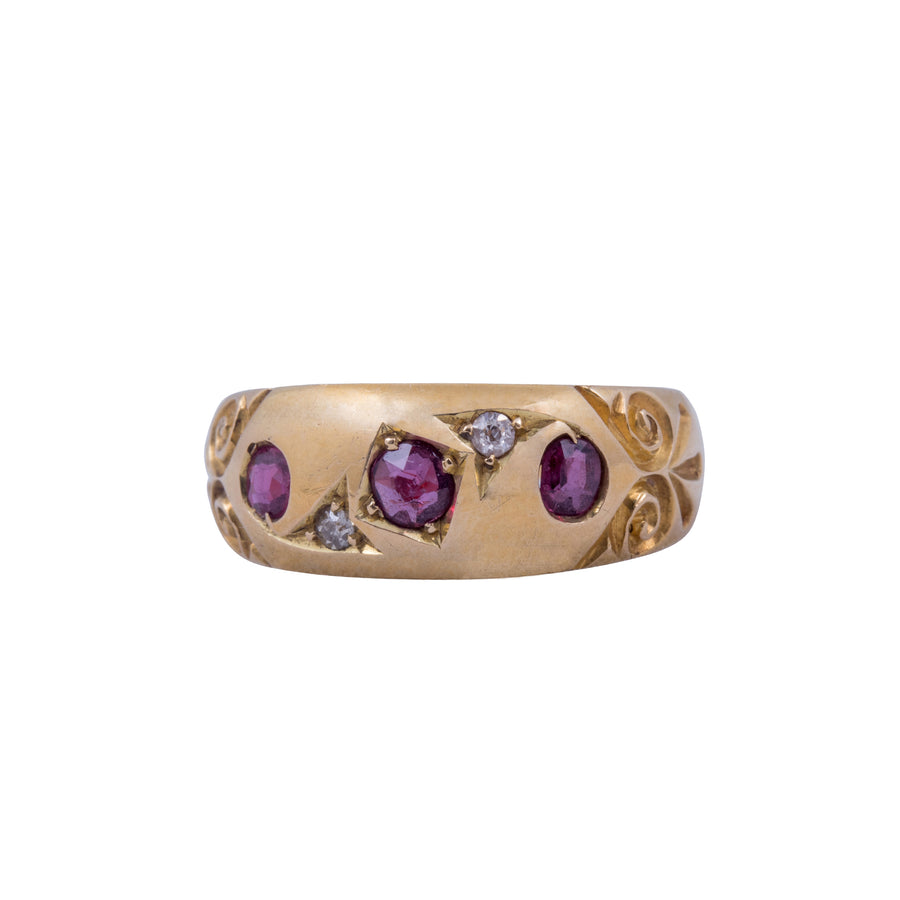 Victorian 18ct Yellow Gold Ruby and Diamond Gypsy Set Ring.