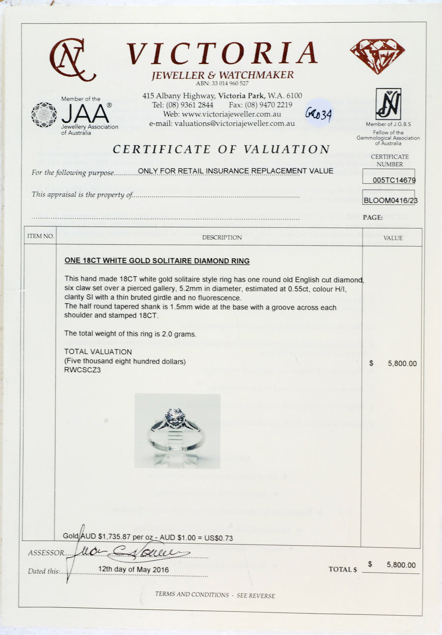 18ct White Gold Solitaire Antique Style - Certificate of Verification