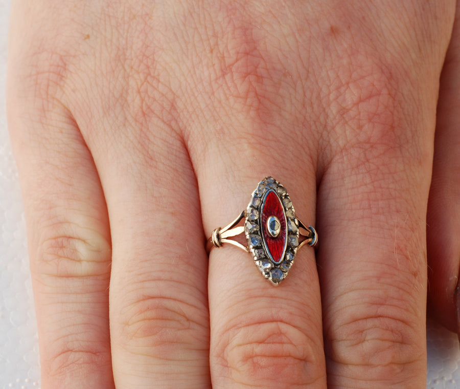 Early Victorian 15ct Enamel and Rose Cut Diamond Navette Ring