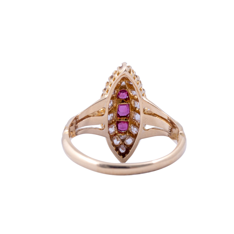 Victorian 18ct Yellow Gold ,Ruby and Diamond Marquise shaped Ring