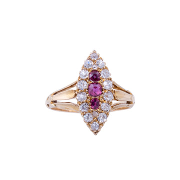 Victorian 18ct Yellow Gold ,Ruby and Diamond Marquise shaped Ring