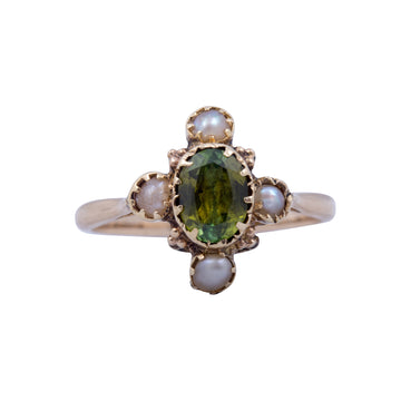 Art Nouveau Demantoid Garnet & Pearl Ring Circa 1900 - Front
