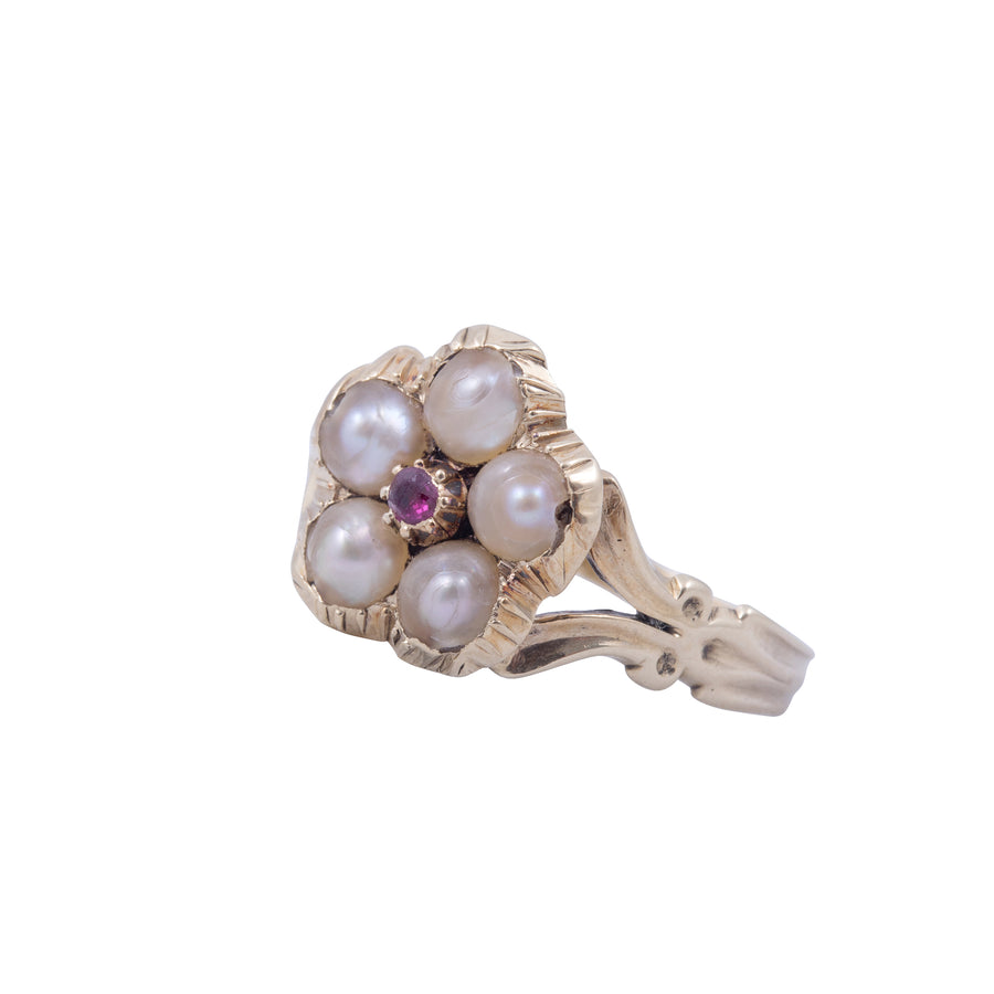 Georgian Pearl Daisy Ring Set With A Ruby