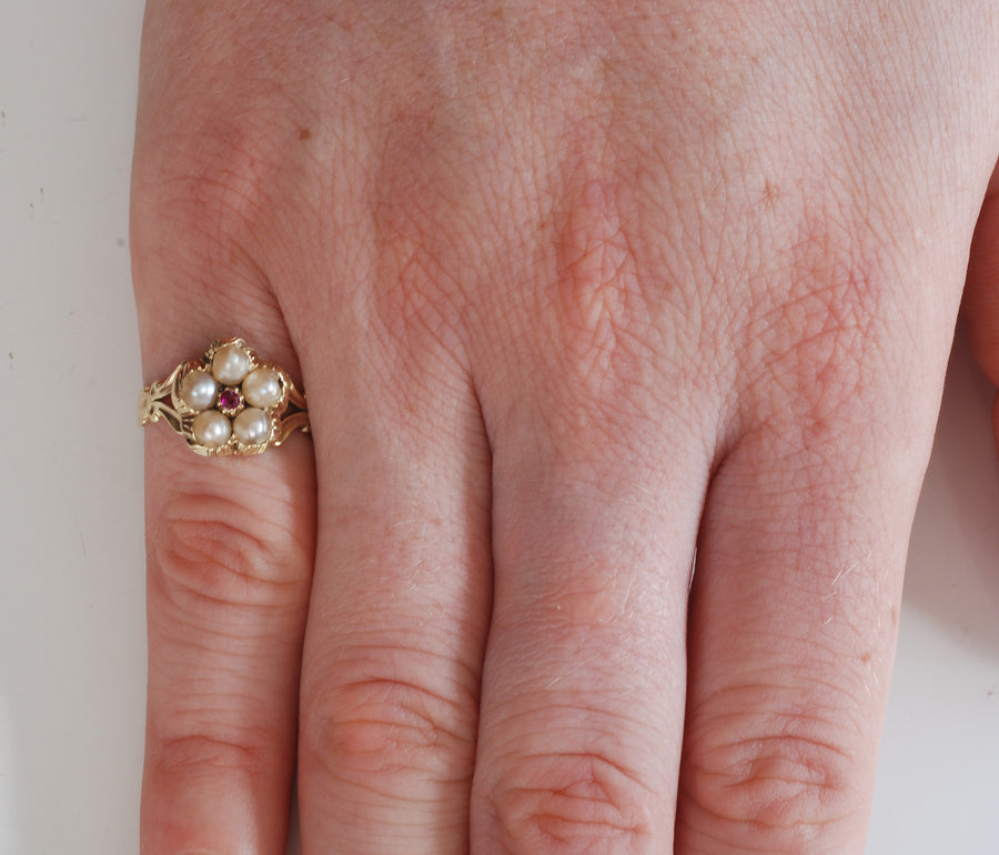 Georgian Pearl Daisy Ring Set With A Ruby