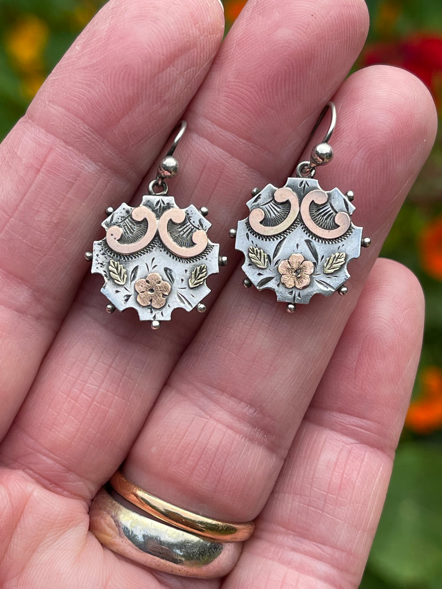 Antique  Victorian Silver and Applied Gold Earrings