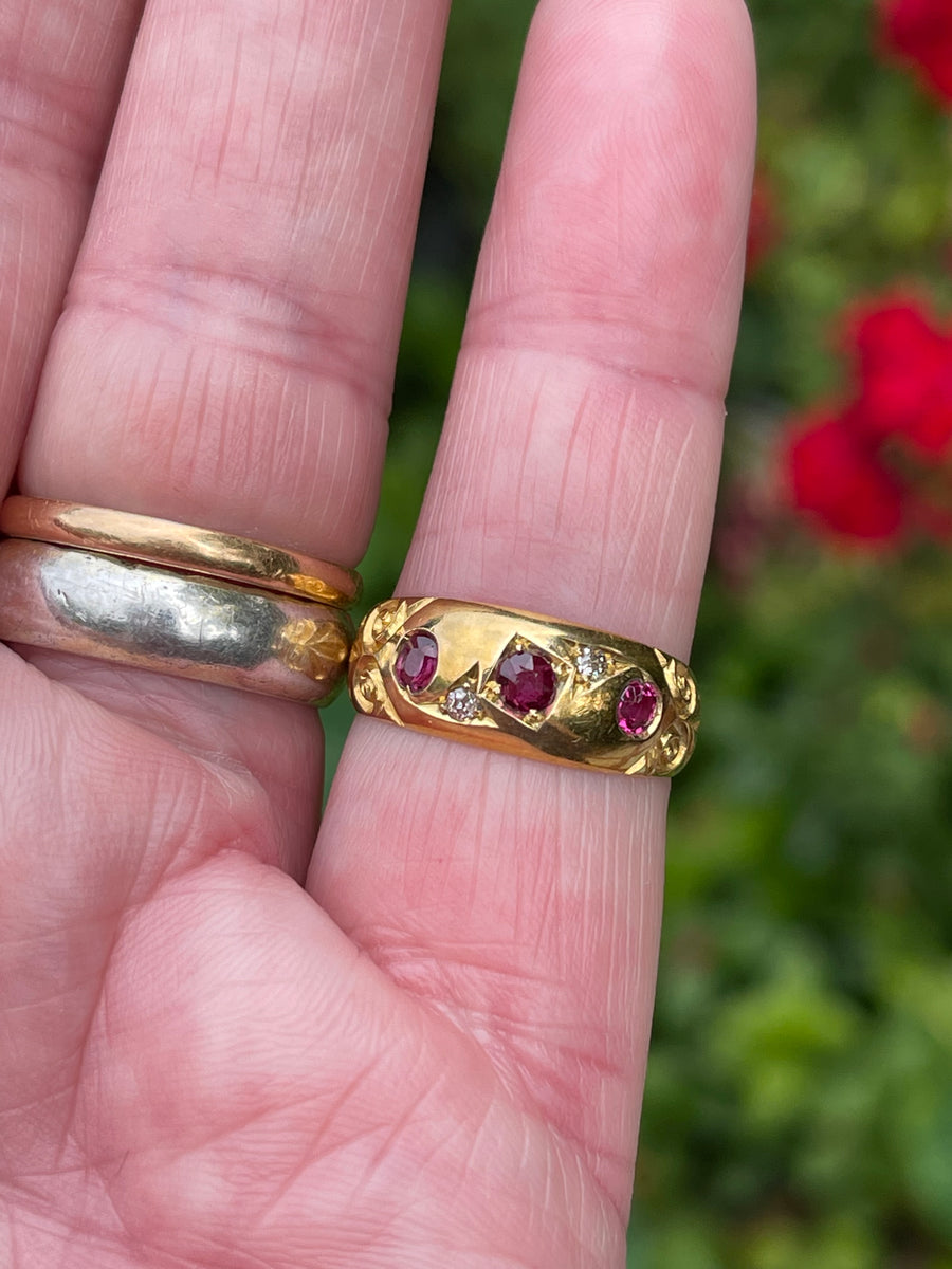 Victorian 18ct Yellow Gold Ruby and Diamond Gypsy Set Ring.
