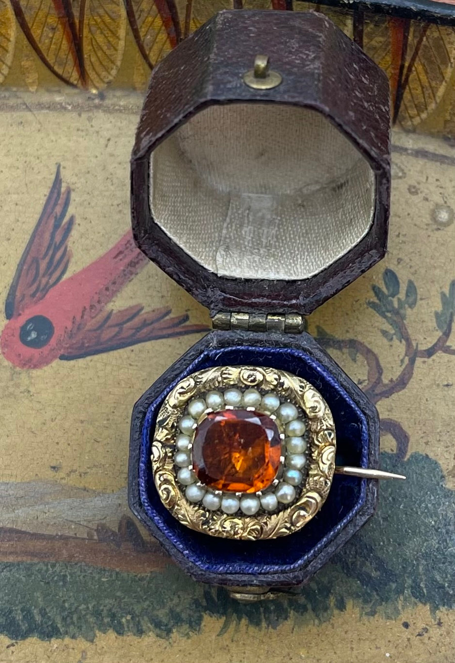 Georgian Hessonite and seed pearl brooch