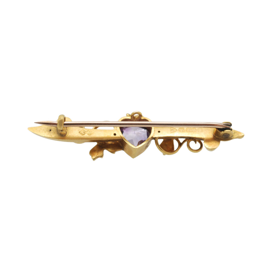 15ct Amethyst heart and pearl brooch