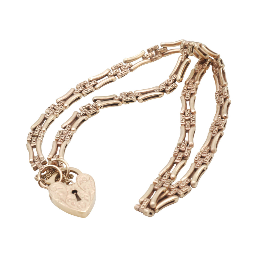 Antique 9ct Rose Gold Fancy Gate-Link Necklace with Heart Padlock.