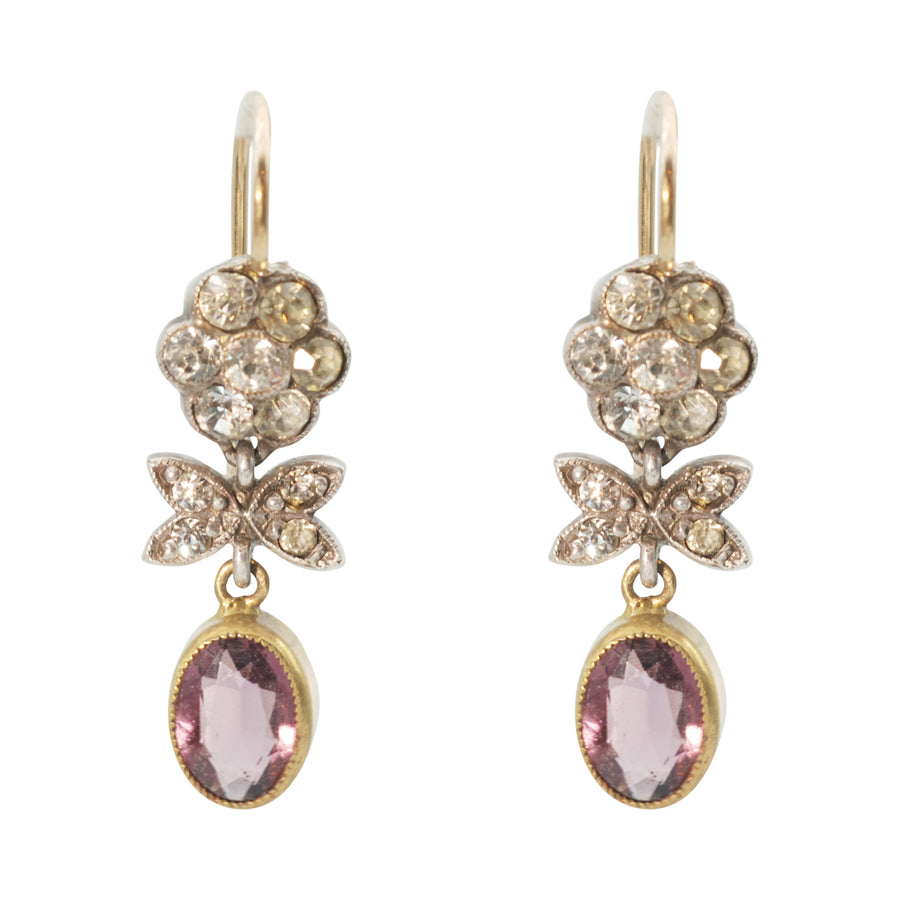Late Victorian Gold and Silver earrings with diamond paste and amethyst paste drop.