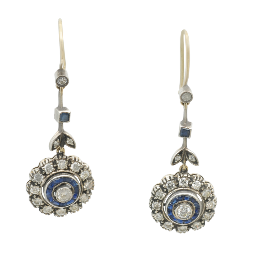 Late Victorian 14ct Sapphire and Diamond Daisy Drop Earrings
