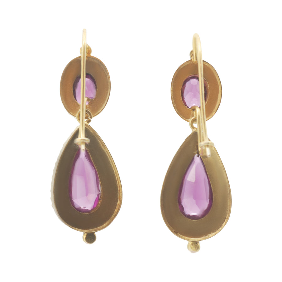 Early Victorian 18ct Yellow Gold Garnet and Pearl Double Drops Earrings.